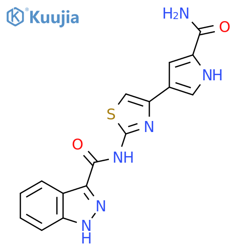 N-4-(5-carbamoyl-1H-pyrrol-3-yl)-1,3-thiazol-2-yl-1H-indazole-3-carboxamide structure