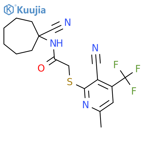 2-{[3-cyano-6-methyl-4-(trifluoromethyl)pyridin-2-yl]sulfanyl}-N-(1-cyanocycloheptyl)acetamide structure