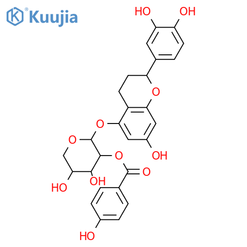 β-D-Xylopyranoside, (2S)-2-(3,4-dihydroxyphenyl)-3,4-dihydro-7-hydroxy-2H-1-benzopyran-5-yl, 2-(4-hydroxybenzoate) structure
