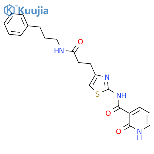 2-oxo-N-(4-{2-[(3-phenylpropyl)carbamoyl]ethyl}-1,3-thiazol-2-yl)-1,2-dihydropyridine-3-carboxamide structure
