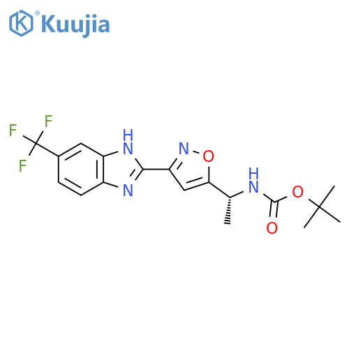 (R)-tert-Butyl (1-(3-(6-(trifluoromethyl)-1H-benzo[d]imidazol-2-yl)isoxazol-5-yl)ethyl)carbamate structure