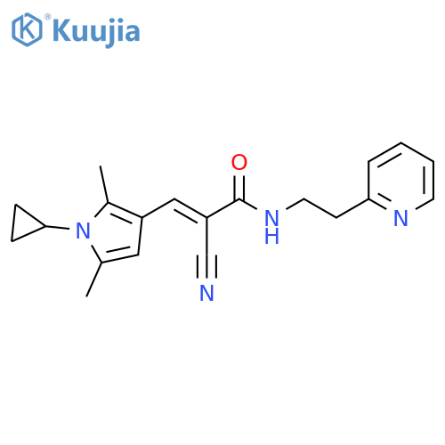(E)-2-cyano-3-(1-cyclopropyl-2,5-dimethylpyrrol-3-yl)-N-(2-pyridin-2-ylethyl)prop-2-enamide structure