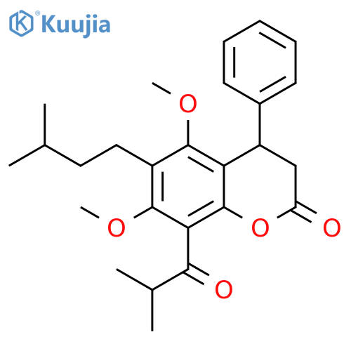 2H-1-Benzopyran-2-one,3,4-dihydro-5,7-dimethoxy-6-(3-methylbutyl)-8-(2-methyl-1-oxopropyl)-4-phenyl- structure