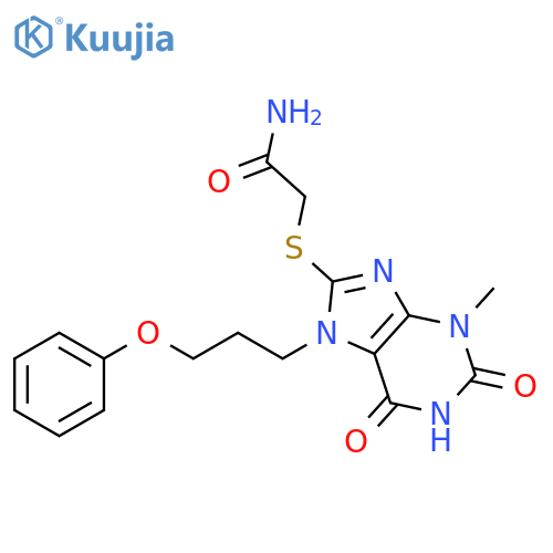 2-{[3-methyl-2,6-dioxo-7-(3-phenoxypropyl)-2,3,6,7-tetrahydro-1H-purin-8-yl]sulfanyl}acetamide structure