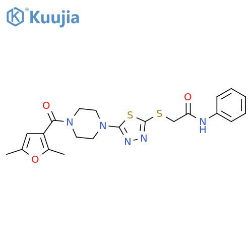 2-({5-4-(2,5-dimethylfuran-3-carbonyl)piperazin-1-yl-1,3,4-thiadiazol-2-yl}sulfanyl)-N-phenylacetamide structure