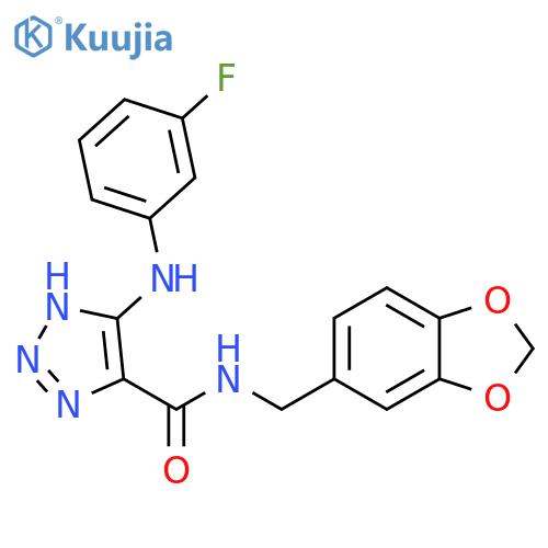 N-[(2H-1,3-benzodioxol-5-yl)methyl]-5-[(3-fluorophenyl)amino]-1H-1,2,3-triazole-4-carboxamide structure