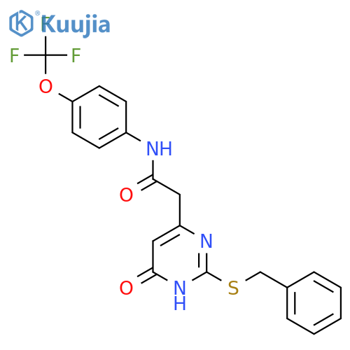 2-2-(benzylsulfanyl)-6-oxo-1,6-dihydropyrimidin-4-yl-N-4-(trifluoromethoxy)phenylacetamide structure