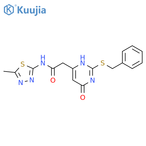 2-2-(benzylsulfanyl)-6-oxo-1,6-dihydropyrimidin-4-yl-N-(5-methyl-1,3,4-thiadiazol-2-yl)acetamide structure