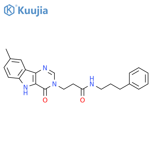 3-{8-methyl-4-oxo-3H,4H,5H-pyrimido[5,4-b]indol-3-yl}-N-(3-phenylpropyl)propanamide structure
