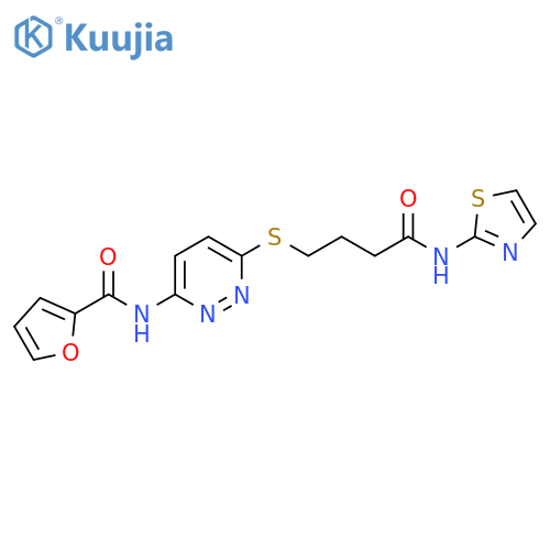 N-[6-({3-[(1,3-thiazol-2-yl)carbamoyl]propyl}sulfanyl)pyridazin-3-yl]furan-2-carboxamide structure