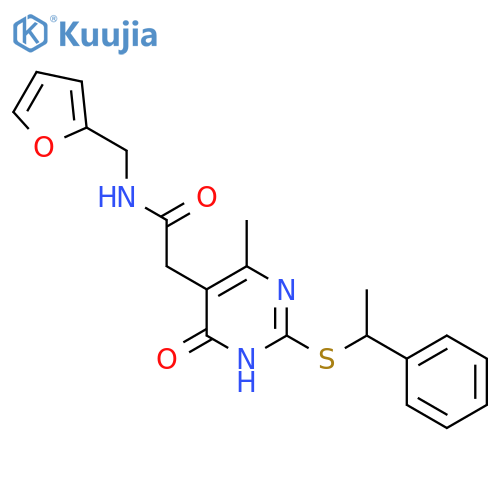 N-(furan-2-yl)methyl-2-{4-methyl-6-oxo-2-(1-phenylethyl)sulfanyl-1,6-dihydropyrimidin-5-yl}acetamide structure