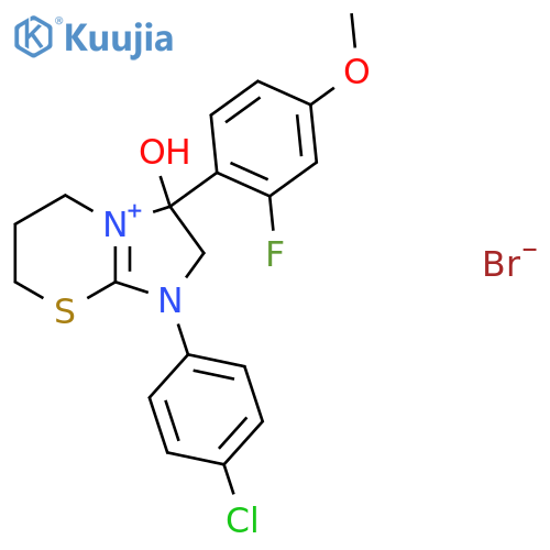 1-(4-chlorophenyl)-3-(2-fluoro-4-methoxyphenyl)-3-hydroxy-2H,3H,5H,6H,7H-1-imidazo[2,1-b][1,3]thiazin-1-ylium bromide structure