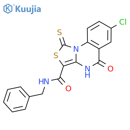 N-benzyl-7-chloro-5-oxo-1-sulfanylidene-1H,4H,5H-[1,3]thiazolo[3,4-a]quinazoline-3-carboxamide structure