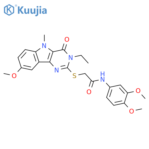 N-(3,4-dimethoxyphenyl)-2-({3-ethyl-8-methoxy-5-methyl-4-oxo-3H,4H,5H-pyrimido[5,4-b]indol-2-yl}sulfanyl)acetamide structure
