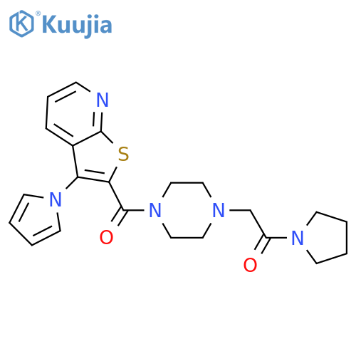 2-{4-[3-(1H-pyrrol-1-yl)thieno[2,3-b]pyridine-2-carbonyl]piperazin-1-yl}-1-(pyrrolidin-1-yl)ethan-1-one structure