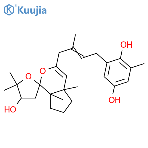 1,4-Benzenediol,2-[(2E)-4-[(1R,4'S,4aR,7aR)-4',5,5',6,7,7a-hexahydro-4'-hydroxy-4a,5',5',7a-tetramethylspiro[cyclopenta[c]pyran-1(4aH),2'(3'H)-furan]-3-yl]-3-methyl-2-butenyl]-6-methyl-,rel-(+)- (9CI) structure