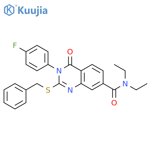 2-(benzylsulfanyl)-N,N-diethyl-3-(4-fluorophenyl)-4-oxo-3,4-dihydroquinazoline-7-carboxamide structure