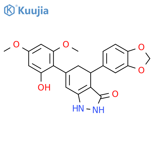 3H-Indazol-3-one, 4-(1,3-benzodioxol-5-yl)-1,2,4,5-tetrahydro-6-(2-hydroxy-4,6-dimethoxyphenyl)- structure