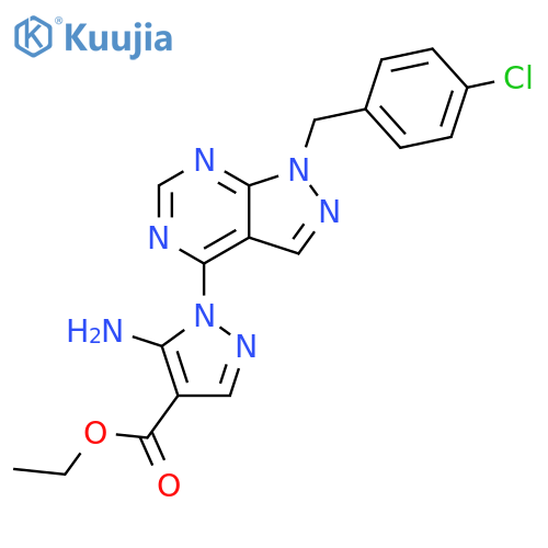 ethyl 5-amino-1-{1-[(4-chlorophenyl)methyl]-1H-pyrazolo[3,4-d]pyrimidin-4-yl}-1H-pyrazole-4-carboxylate structure