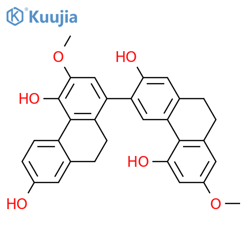 9,9',10,10'-tetrahydro-3,7'-dimethoxy-1,3'-biphenanthrene-2',4,5',7-tetrol structure