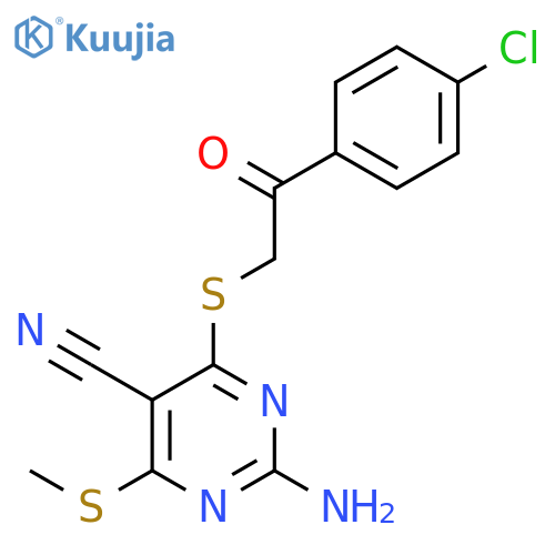 2-amino-4-{[2-(4-chlorophenyl)-2-oxoethyl]sulfanyl}-6-(methylsulfanyl)pyrimidine-5-carbonitrile structure