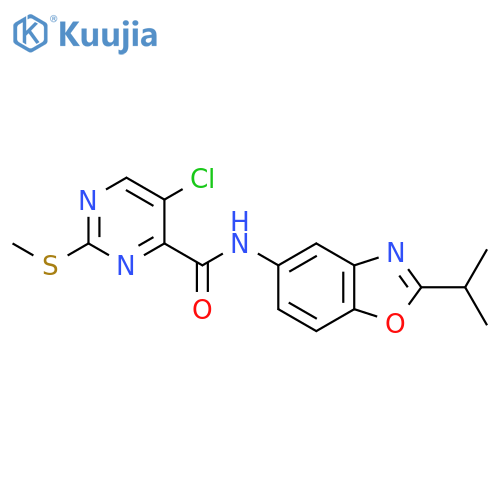 5-chloro-2-(methylsulfanyl)-N-[2-(propan-2-yl)-1,3-benzoxazol-5-yl]pyrimidine-4-carboxamide structure