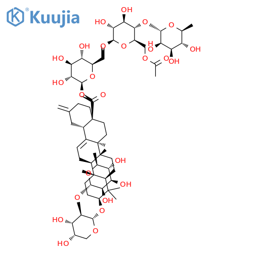30-Noroleana-12,20(29)-dien-28-oicacid, 3-[[2-O-(6-deoxy-a-L-mannopyranosyl)-a-L-arabinopyranosyl]oxy]-, O-6-deoxy-a-L-mannopyranosyl-(1&reg;4)-O-6-O-acetyl-b-D-glucopyranosyl-(1&reg;6)-b-D-glucopyranosyl ester, (3b)- structure