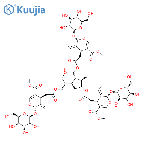 2H-Pyran-4-acetic acid, 3-ethylidene-2-(β-D-glucopyranosyloxy)-3,4-dihydro-5-(methoxycarbonyl)-, [(1S,2R,3R,5R)-3-[[2-[(2S,3E,4S)-3-ethylidene-2-(β-D-glucopyranosyloxy)-3,4-dihydro-5-(methoxycarbonyl)-2H-pyran-4-yl]acetyl]oxy]-5-[(1S)-2-[[2-[(2S,3E,4S)-3-ethylidene-2-(β-D-glucopyranosyloxy)-3,4-dihydro-5-(methoxycarbonyl)-2H-pyran-4-yl]acetyl]oxy]-1-(hydroxymethyl)ethyl]-2-methylcyclopentyl]methyl ester, (2S,3E,4S)- structure