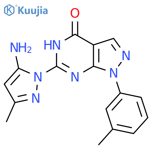 6-(5-amino-3-methyl-1H-pyrazol-1-yl)-1-(3-methylphenyl)-1H,4H,5H-pyrazolo3,4-dpyrimidin-4-one structure