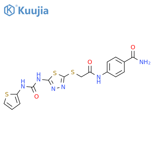 4-{2-[(5-{[(thiophen-2-yl)carbamoyl]amino}-1,3,4-thiadiazol-2-yl)sulfanyl]acetamido}benzamide structure