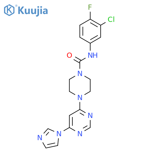 N-(3-chloro-4-fluorophenyl)-4-6-(1H-imidazol-1-yl)pyrimidin-4-ylpiperazine-1-carboxamide structure