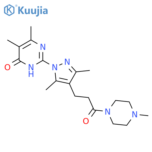 2-{3,5-dimethyl-4-3-(4-methylpiperazin-1-yl)-3-oxopropyl-1H-pyrazol-1-yl}-5,6-dimethyl-3,4-dihydropyrimidin-4-one structure