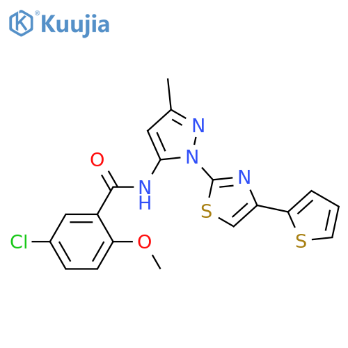 5-chloro-2-methoxy-N-{3-methyl-1-4-(thiophen-2-yl)-1,3-thiazol-2-yl-1H-pyrazol-5-yl}benzamide structure
