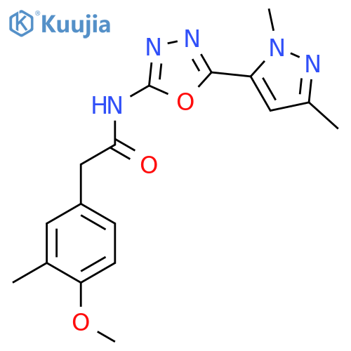 N-5-(1,3-dimethyl-1H-pyrazol-5-yl)-1,3,4-oxadiazol-2-yl-2-(4-methoxy-3-methylphenyl)acetamide structure