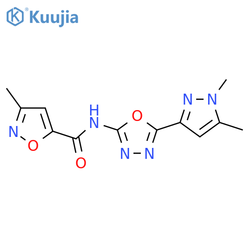 N-5-(1,5-dimethyl-1H-pyrazol-3-yl)-1,3,4-oxadiazol-2-yl-3-methyl-1,2-oxazole-5-carboxamide structure