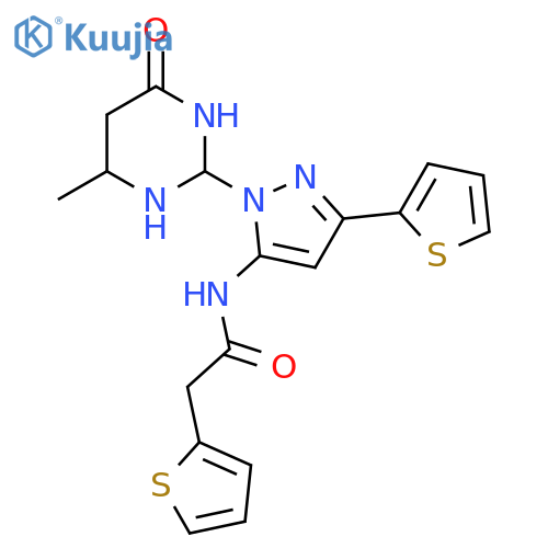 N-[1-(4-methyl-6-oxo-1,6-dihydropyrimidin-2-yl)-3-(thiophen-2-yl)-1H-pyrazol-5-yl]-2-(thiophen-2-yl)acetamide structure