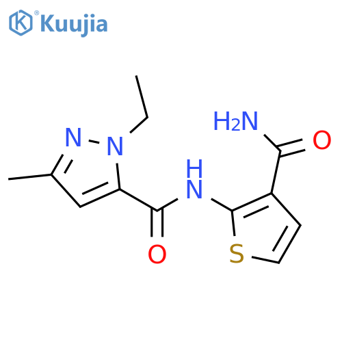 N-(3-carbamoylthiophen-2-yl)-1-ethyl-3-methyl-1H-pyrazole-5-carboxamide structure