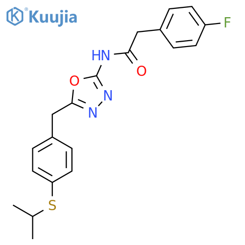2-(4-fluorophenyl)-N-(5-{4-(propan-2-ylsulfanyl)phenylmethyl}-1,3,4-oxadiazol-2-yl)acetamide structure