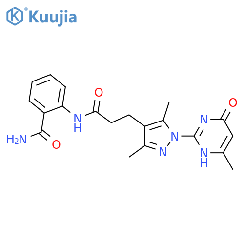 2-{3-3,5-dimethyl-1-(4-methyl-6-oxo-1,6-dihydropyrimidin-2-yl)-1H-pyrazol-4-ylpropanamido}benzamide structure