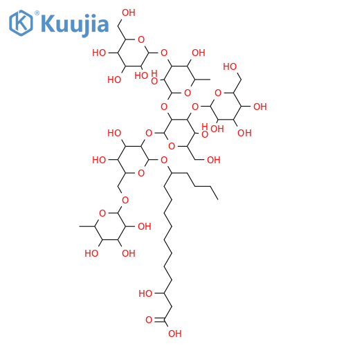 3,12-Dihydroxyhexadecanoic acid; (3S,12S)-form, 12-O-[β-D-Glucopyranosyl-(1→3)-α-L-rhamnopyranosyl-(1→2)-[β-D-glucopyranosyl-(1→3)]-β-D-glucopyranosyl-(1→2)-[α-L-rhamnopyranosyl-(1→6)]-β-D-glucopyranoside] structure