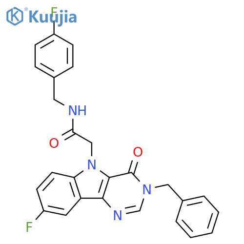 2-{3-benzyl-8-fluoro-4-oxo-3H,4H,5H-pyrimido[5,4-b]indol-5-yl}-N-[(4-fluorophenyl)methyl]acetamide structure