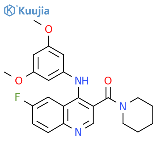 N-(3,5-dimethoxyphenyl)-6-fluoro-3-(piperidine-1-carbonyl)quinolin-4-amine structure