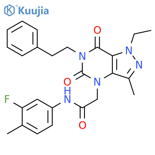 2-[1-ethyl-3-methyl-5,7-dioxo-6-(2-phenylethyl)-1H,4H,5H,6H,7H-pyrazolo[4,3-d]pyrimidin-4-yl]-N-(3-fluoro-4-methylphenyl)acetamide structure