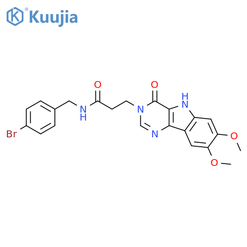 N-[(4-bromophenyl)methyl]-3-{7,8-dimethoxy-4-oxo-3H,4H,5H-pyrimido[5,4-b]indol-3-yl}propanamide structure