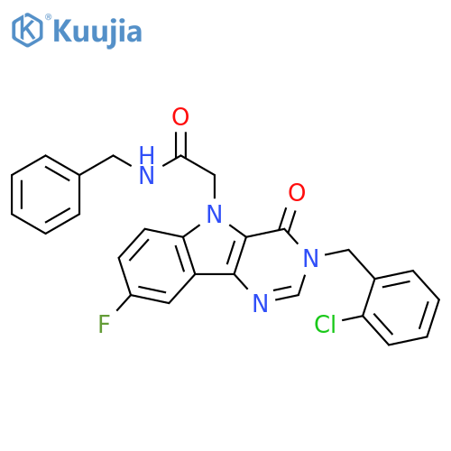 N-benzyl-2-{3-[(2-chlorophenyl)methyl]-8-fluoro-4-oxo-3H,4H,5H-pyrimido[5,4-b]indol-5-yl}acetamide structure