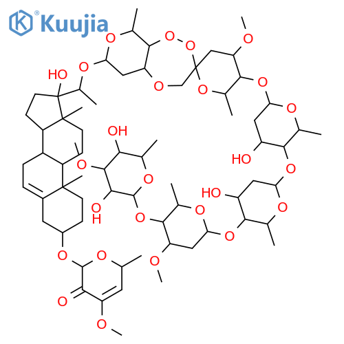 2H-Pyran-3(6H)-one,2-[[(3b,20S)-20-[[(2S,4R,5R,5'aR,6R,7'S,9'R,9'aR)-5-[(O-6-deoxy-3-O-methyl-b-D-galactopyranosyl-(1&reg;4)-O-2,6-dideoxy-3-O-methyl-b-D-ribo-hexopyranosyl-(1&reg;4)-O-2,6-dideoxy-b-D-arabino-hexopyranosyl-(1&reg;4)-2,6-dideoxy-b-D-ribo-hexopyranosyl)oxy]octahydro-4-methoxy-6,9'-dimethylspiro[2H-pyran-2,3'(4'H)-[7H]pyrano[3,4-c][1,2,5]trioxepin]-7-yl]oxy]-17-hydroxypregn-5-en-3-yl]oxy]-4-methoxy-6-methyl-,(6R)- (9CI) structure