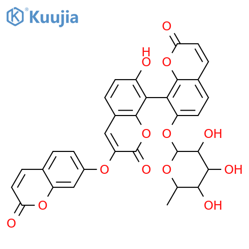 [8,8'-Bi-2H-1-benzopyran]-2,2'-dione,7'-[(6-deoxy-a-L-mannopyranosyl)oxy]-7-hydroxy-3-[(2-oxo-2H-1-benzopyran-7-yl)oxy]-,(8S)- structure