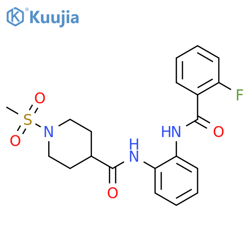 N-2-(2-fluorobenzamido)phenyl-1-methanesulfonylpiperidine-4-carboxamide structure