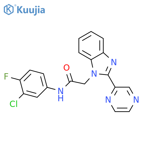 N-(3-chloro-4-fluorophenyl)-2-2-(pyrazin-2-yl)-1H-1,3-benzodiazol-1-ylacetamide structure