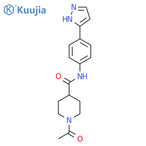 1-acetyl-N-4-(1H-pyrazol-3-yl)phenylpiperidine-4-carboxamide structure